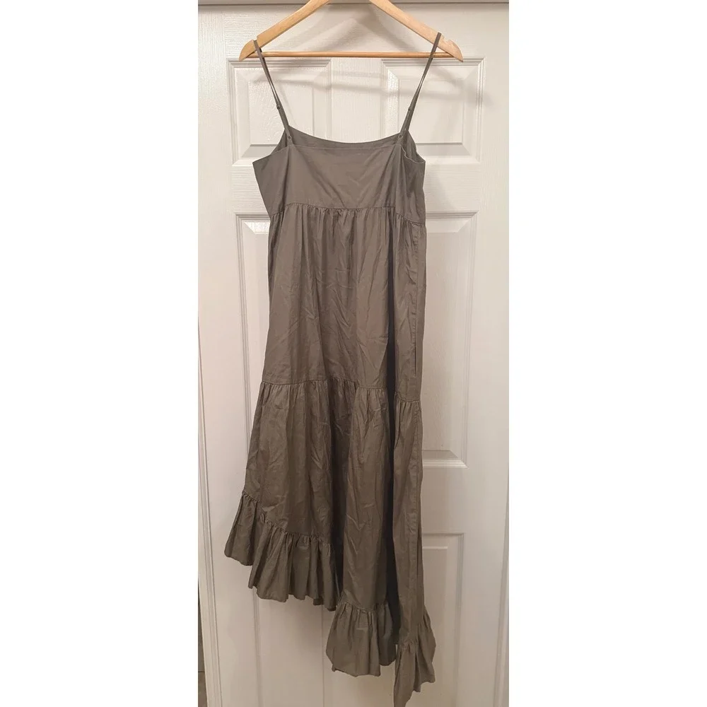 FRAME Tiered Maxi Dress Women Small Olive Green Asymmetrical Ruffle Poplin